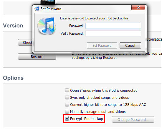 Encrypt iPod backup