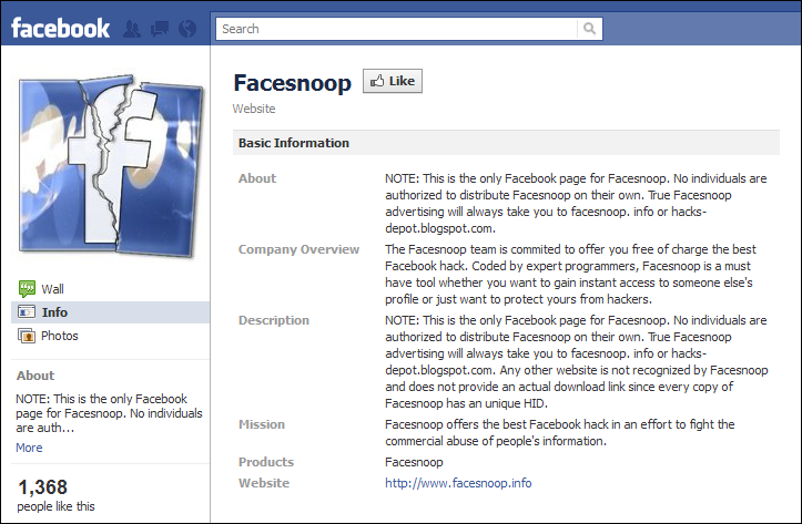Facesnoop Facebook Page