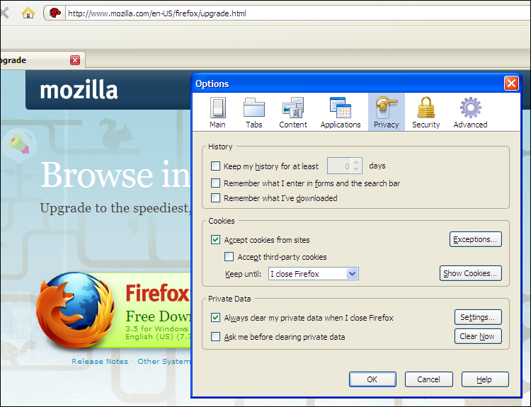 Firefox 3.0.1 Privacy Options