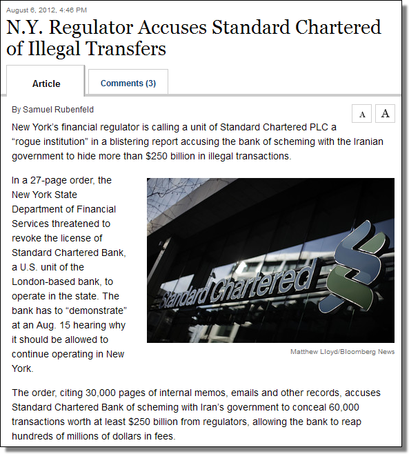 N.Y. Regulator Accuses Standard Chartered of Illegal Transfers