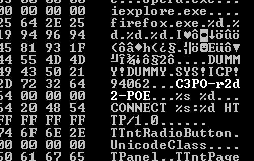 Hexdump du code malveillant montrant C3PO-r2d2-POE