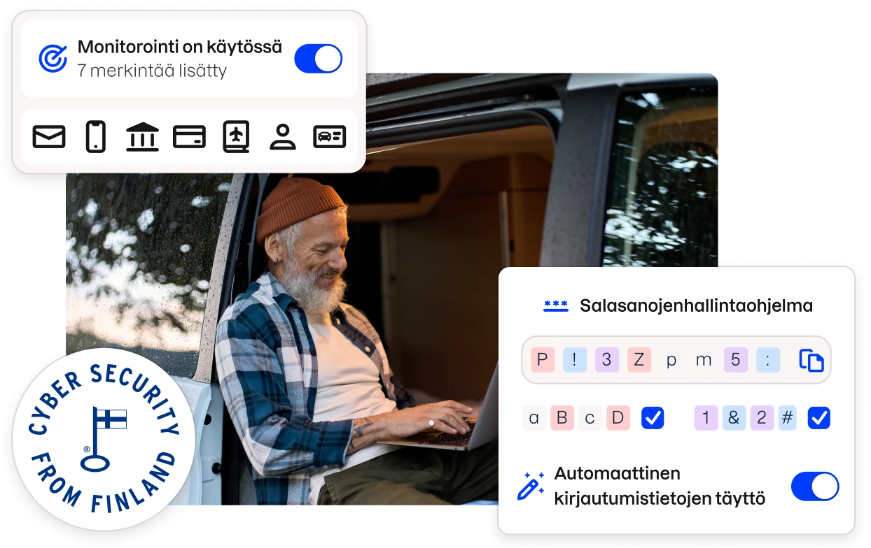 ”Cyber security from Finland” -merkki ja Total-sovelluksen käyttöliittymän osia reunustamassa kuvaa miehestä, joka istuu pakettiautossa ja kirjoittaa kannettavalla tietokoneella.