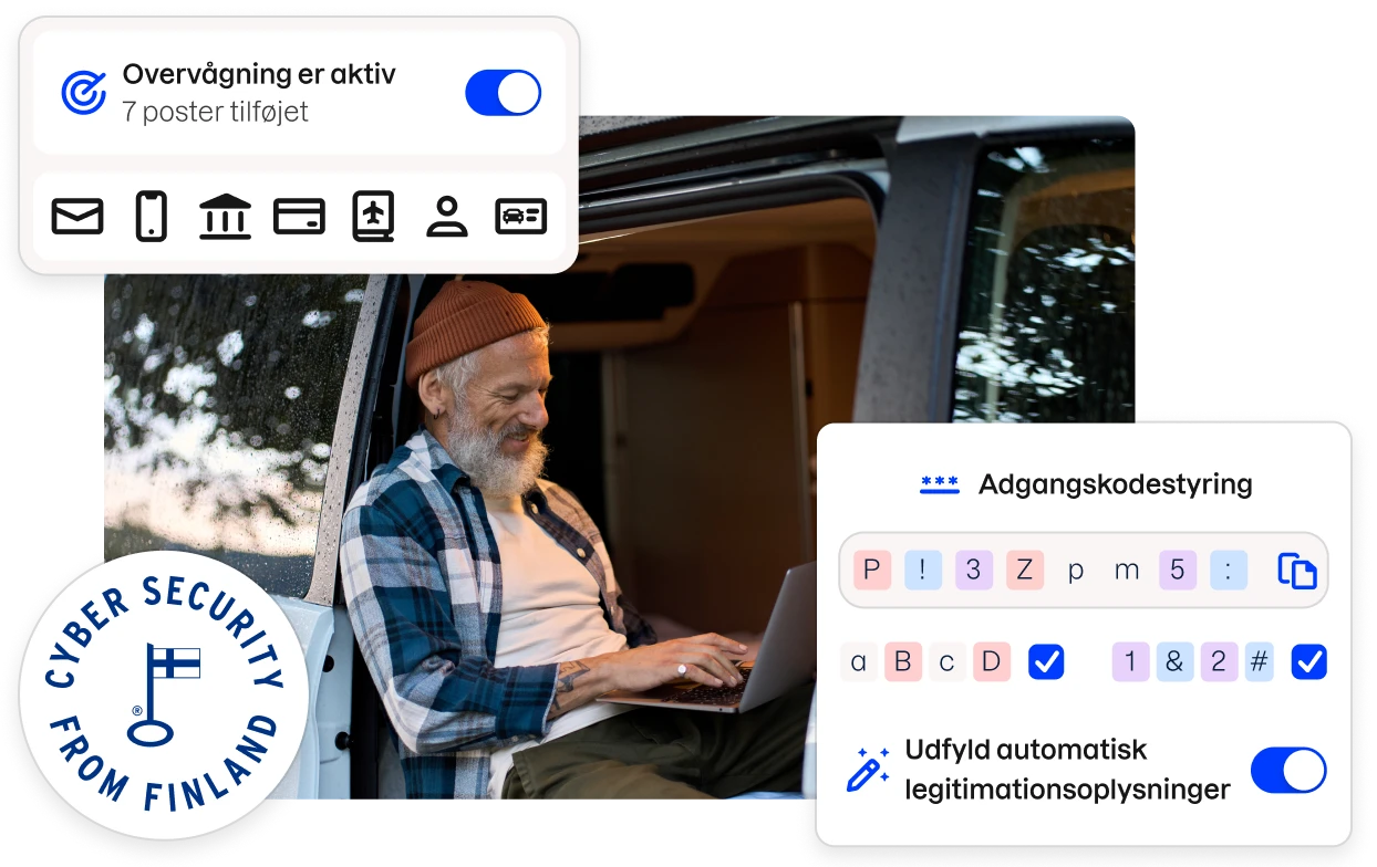 Et »Cybersikkerhed fra Finland«-badge og fragmenter af Total-appens brugergrænseflade omkranser et billede af en mand, der sidder i en varevogn og skriver på en bærbar computer.