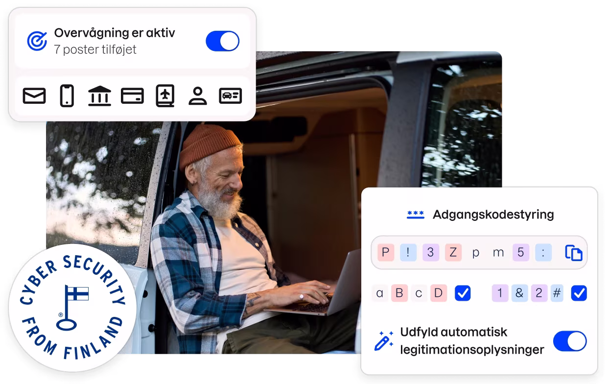 Et »Cybersikkerhed fra Finland«-badge og fragmenter af Total-appens brugergrænseflade omkranser et billede af en mand, der sidder i en varevogn og skriver på en bærbar computer.