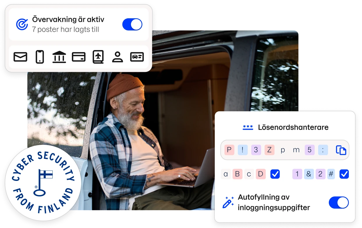En badge med texten ”Cybersäkerhet från Finland” och fragment av Total-appens användargränssnitt som ramar in en bild av en man som sitter i en skåpbil och skriver på en bärbar dator.