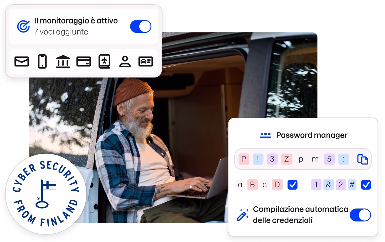 Un badge «Cyber security from Finland» e frammenti dell’interfaccia utente dell’app Total che circondano l’immagine di un uomo seduto in un furgone mentre digita su un laptop.
