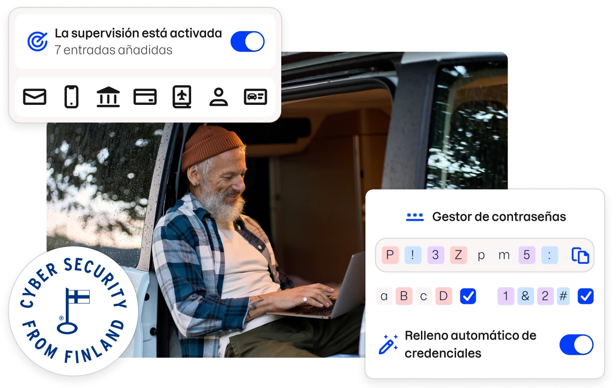 Una insignia con el lema «Ciberseguridad desde Finlandia» y fragmentos de la interfaz de usuario de la aplicación Total que rodean la imagen de un hombre sentado en una furgoneta, escribiendo en un ordenador portátil.