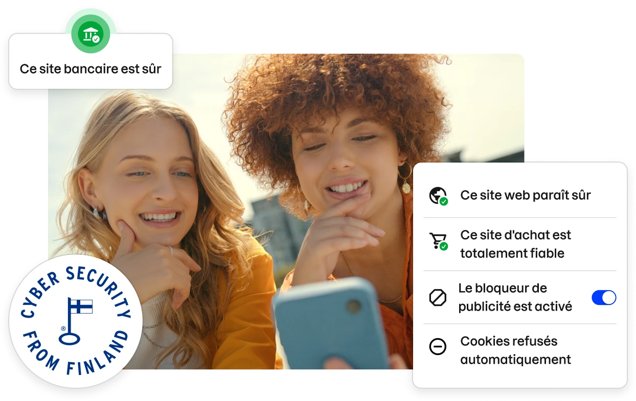 Des fragments de l’interface utilisateur de l’application Total bordent une photo d’archive de deux jeunes femmes regardant un téléphone.