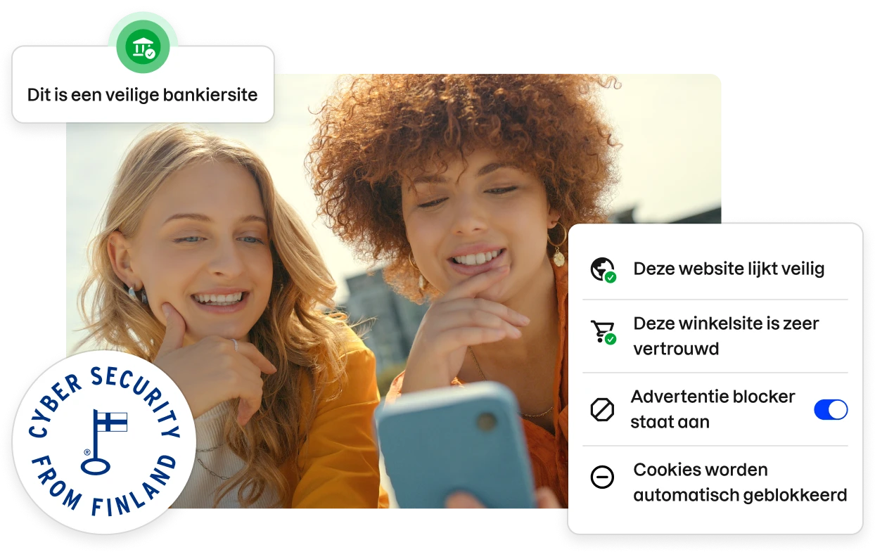 Fragmenten van de Total app UI langs een stockfoto van twee jonge vrouwen die naar een telefoon kijken.