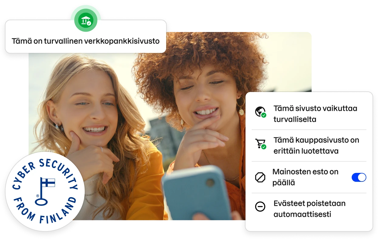Osia Total-sovelluksen käyttöliittymästä reunustamassa kuvaa kahdesta nuoresta naisesta, jotka katsovat puhelinta.