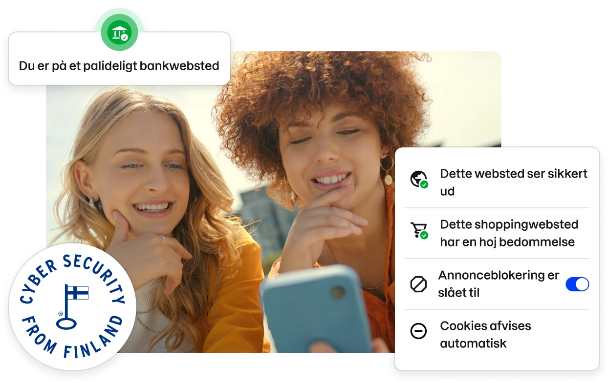 Fragments of the Total app UI lining a stock photo of two young women looking at a phone.