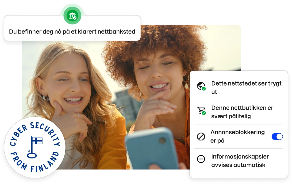Fragments of the Total app UI lining a stock photo of two young women looking at a phone.
