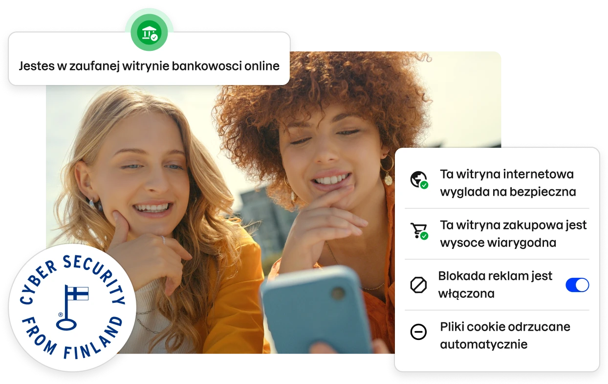 Fragments of the Total app UI lining a stock photo of two young women looking at a phone.