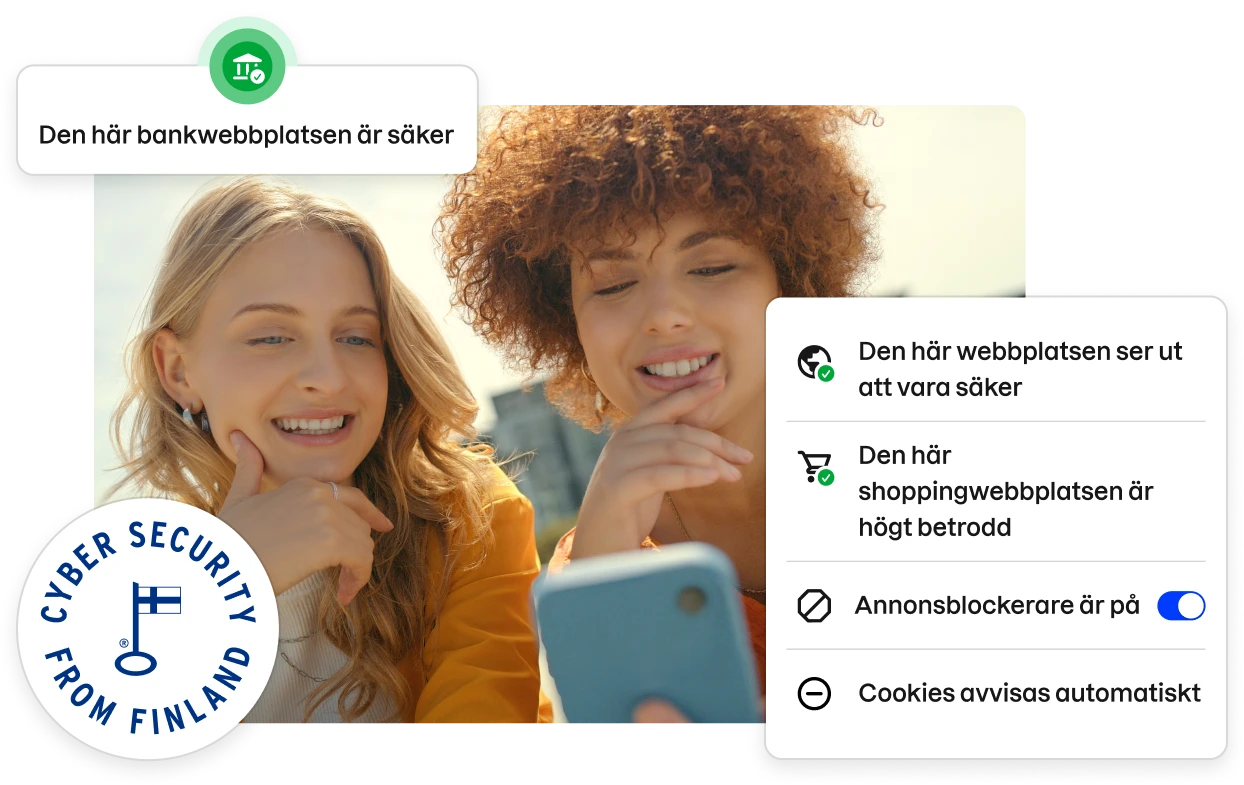 Fragment av användargränssnittet för Total-appen i linje med ett arkivfoto av två unga kvinnor som tittar på en telefon.