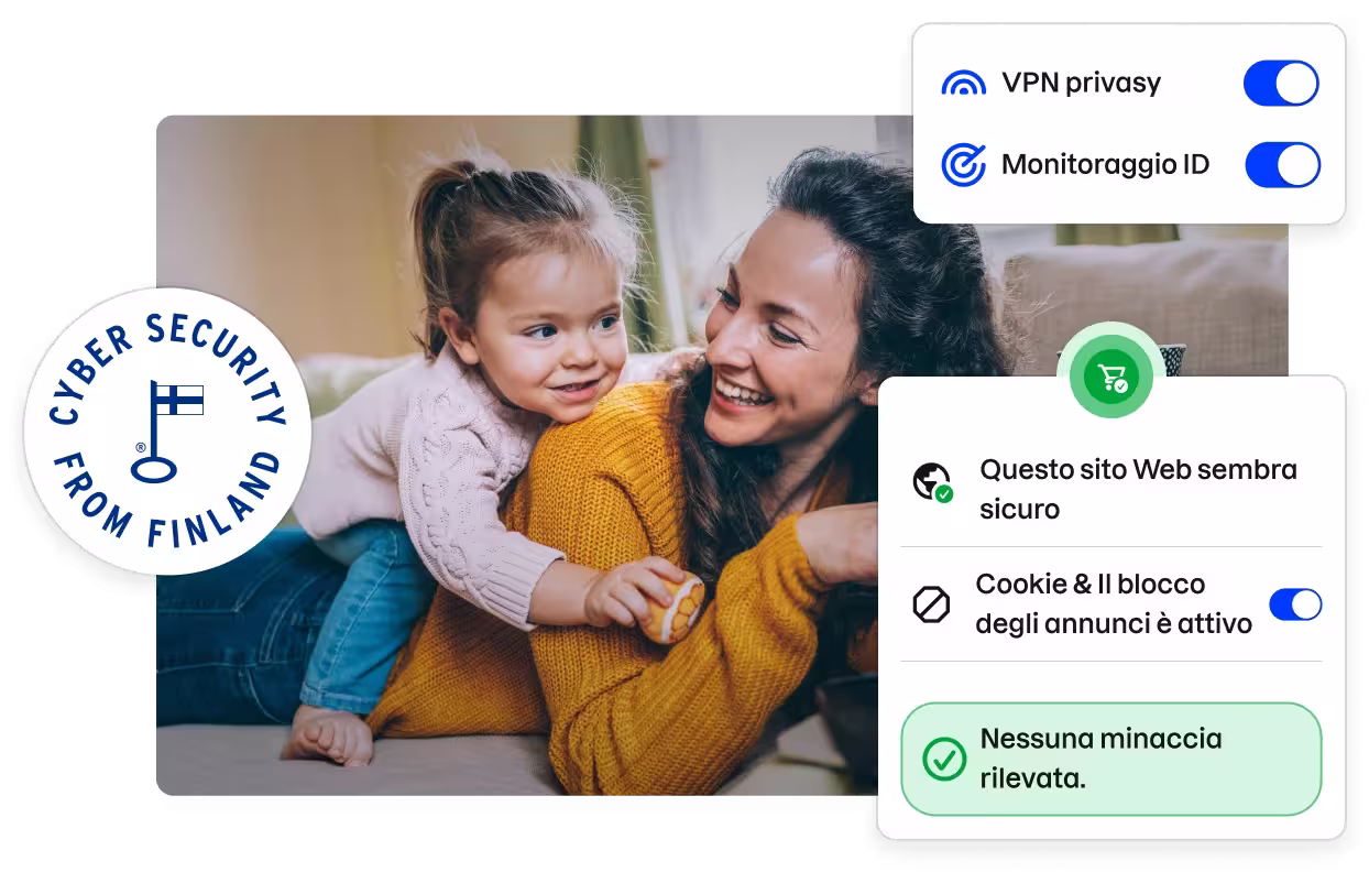 Un badge con la scritta «Cyber security from Finland» e frammenti dell'interfaccia utente dell'app Total che fanno da sfondo a una foto d’archivio che ritrae una madre e una figlia sorridenti.