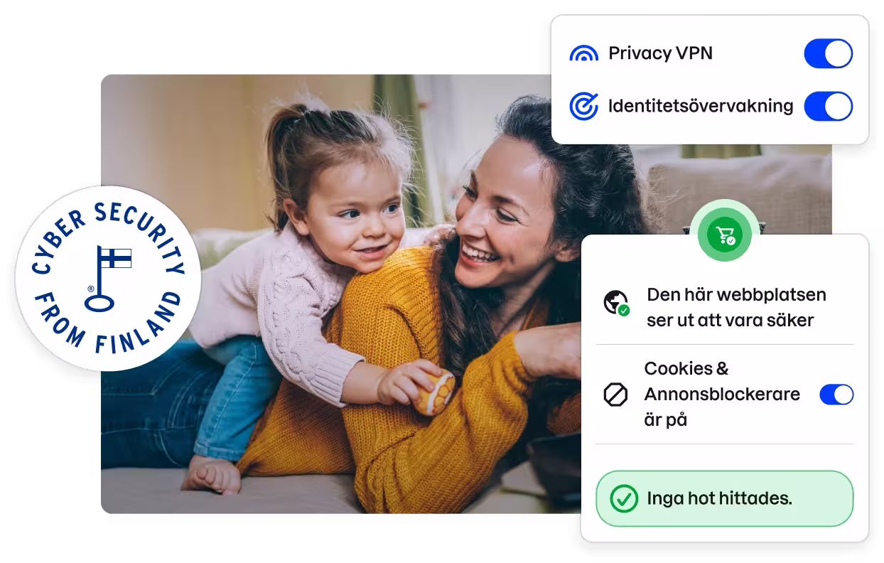 En badge med texten ”Cyber security from Finland” och delar av användargränssnittet i appen Total som ramar in ett stockfoto av en leende mor och dotter.