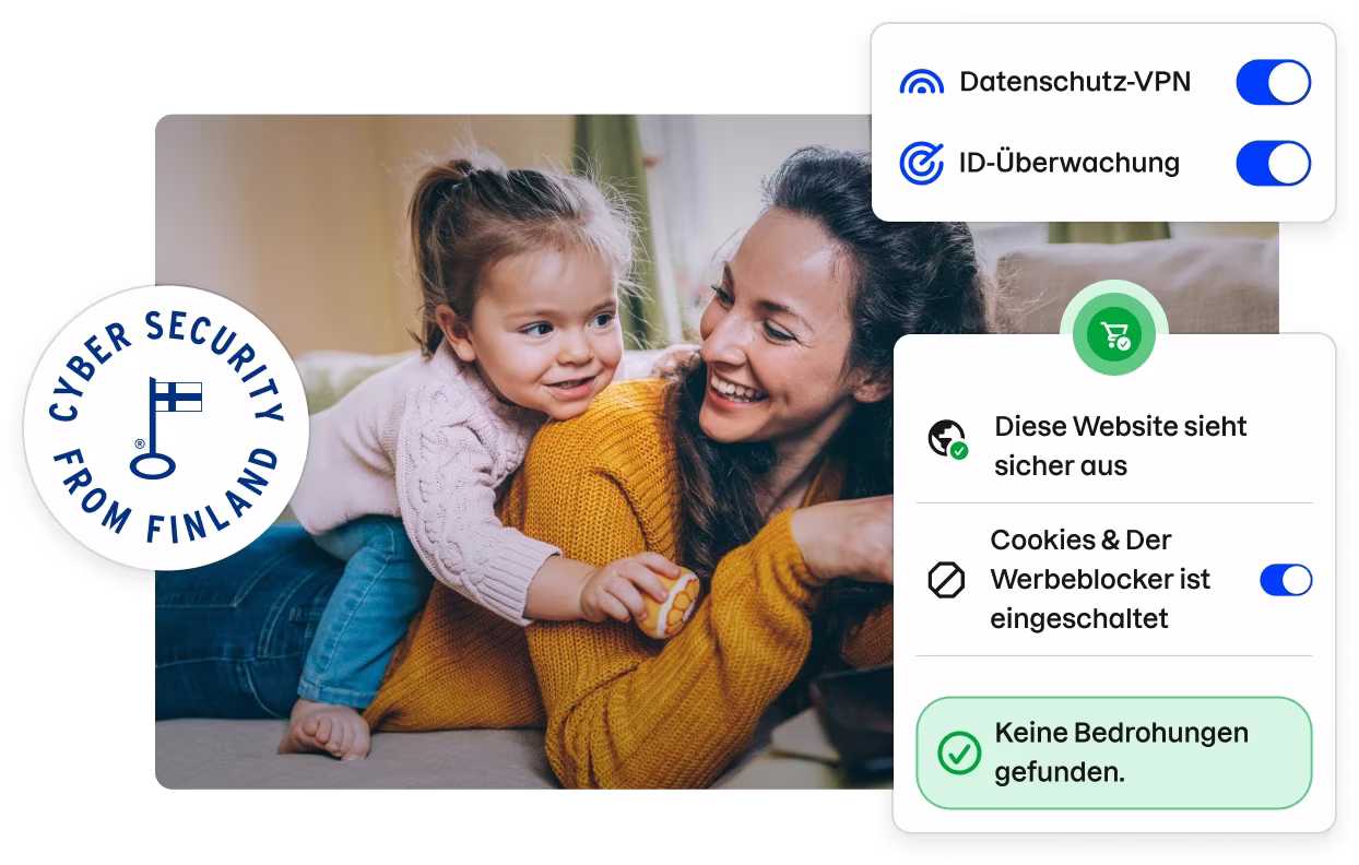 Ein Abzeichen mit der Aufschrift „CYBER SECURITY FROM FINLAND“ und Ausschnitte aus der Benutzeroberfläche der Total-App, die ein Stockfoto einer lächelnden Mutter und ihrer Tochter umrahmen.