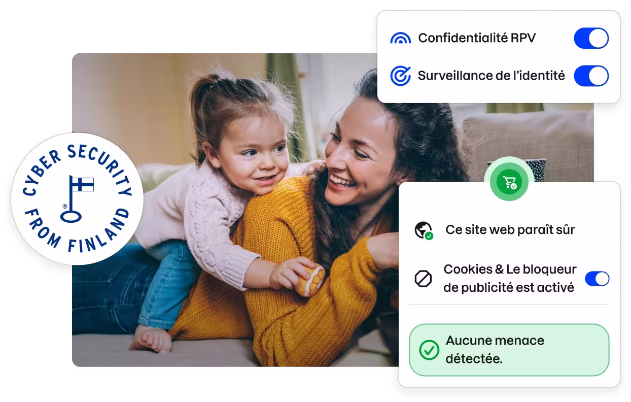 Un badge « Cyber security from Finland » et des éléments de l’interface utilisateur de l’application Total encadrent une photo d’archive représentant une mère et sa fille souriantes.