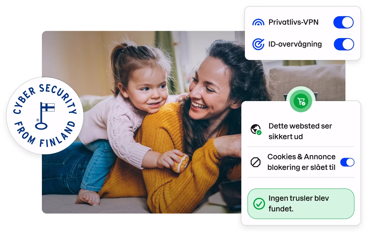 Et badge med teksten »Cyber security from Finland« og dele af brugergrænsefladen fra Total-appen, der indrammer et stockfoto af en smilende mor og datter.