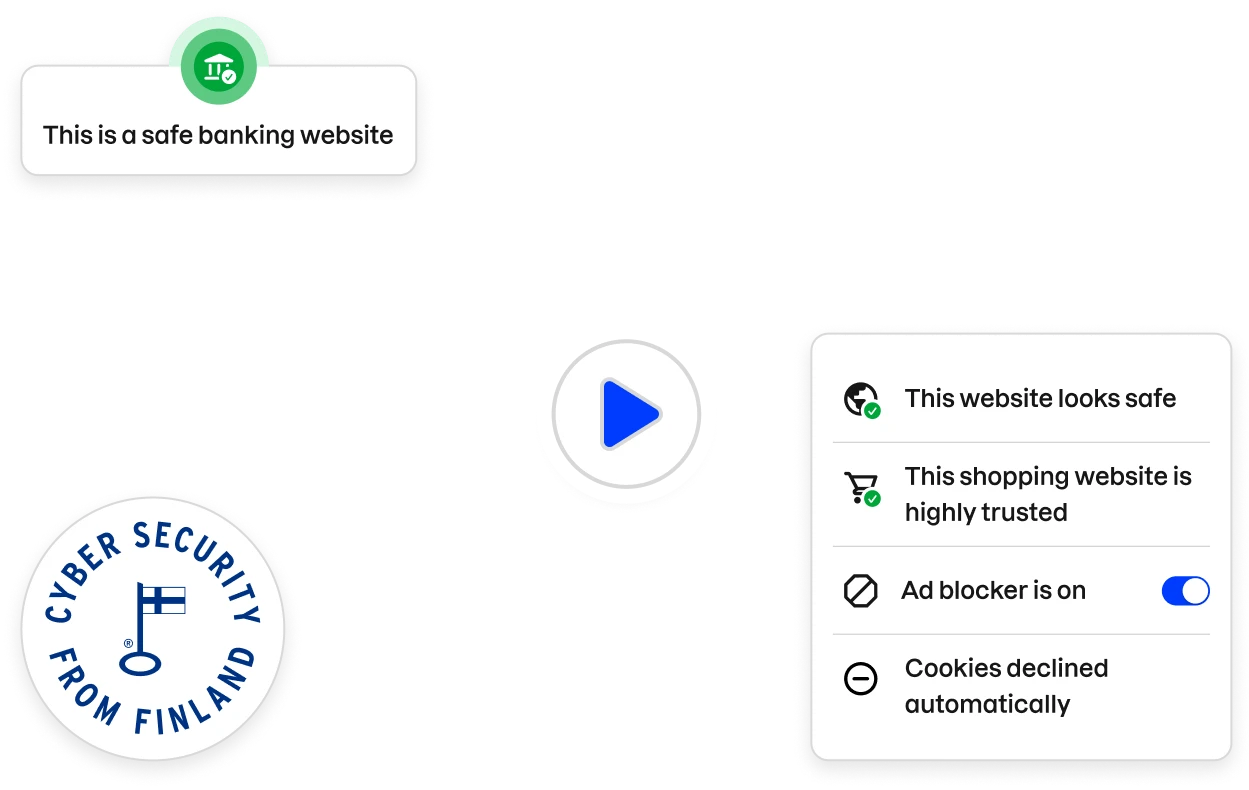 A “Cyber security from Finland” badge, fragments of the Total app UI, and a play icon over a video thumbnail.