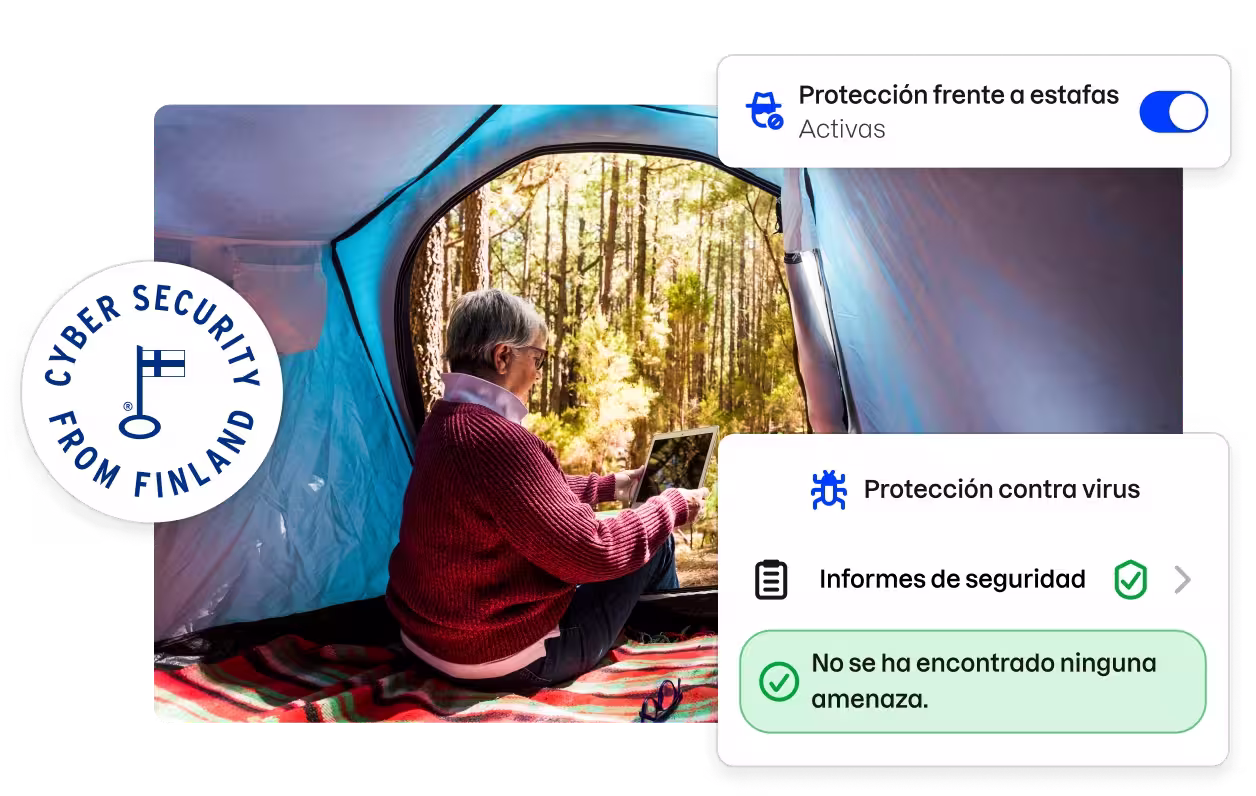 Una insignia con el lema «Ciberseguridad desde Finlandia» y fragmentos de la interfaz de usuario de la aplicación Total que rodean la imagen de una mujer mirando una tableta dentro de una tienda de campaña.