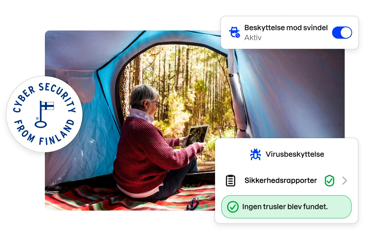 Et »Cybersikkerhed fra Finland«-badge og fragmenter af Total-appens brugergrænseflade omkranser et billede af en kvinde, der ser på en tablet inde i et telt.
