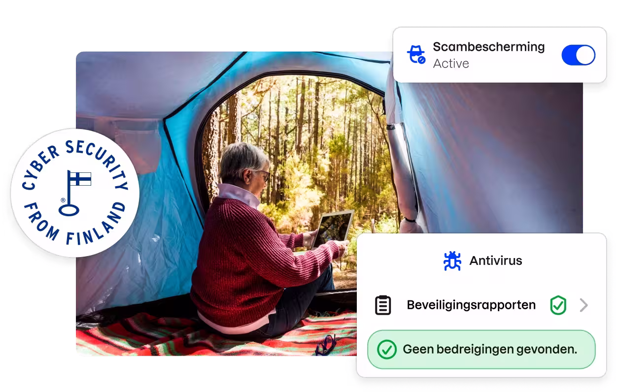 Een badge met de tekst „Cyber security from Finland” en fragmenten van de gebruikersinterface van de Total-app rondom een afbeelding van een vrouw die naar een tablet kijkt in een tent.
