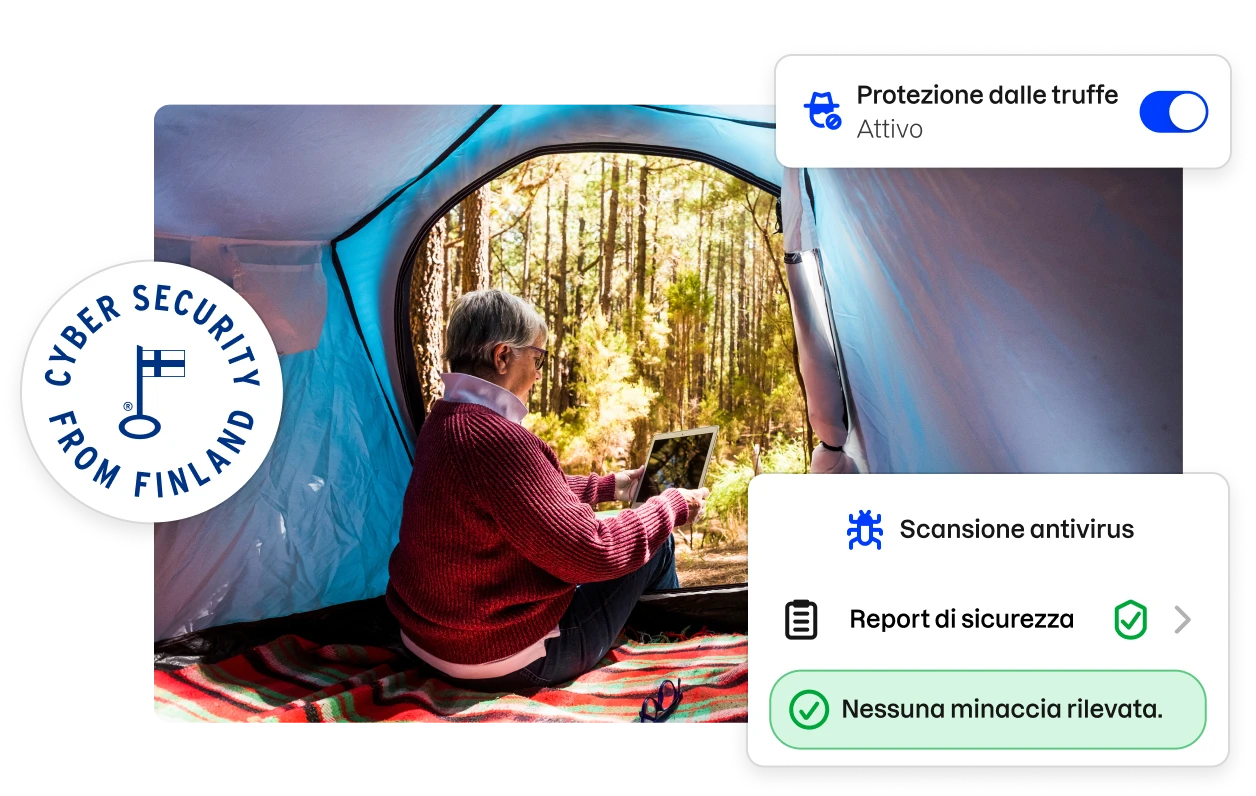 Un badge “Cyber security from Finland” e frammenti dell'interfaccia utente dell'app Total che circondano l'immagine di una donna che guarda un tablet all’interno di una tenda.