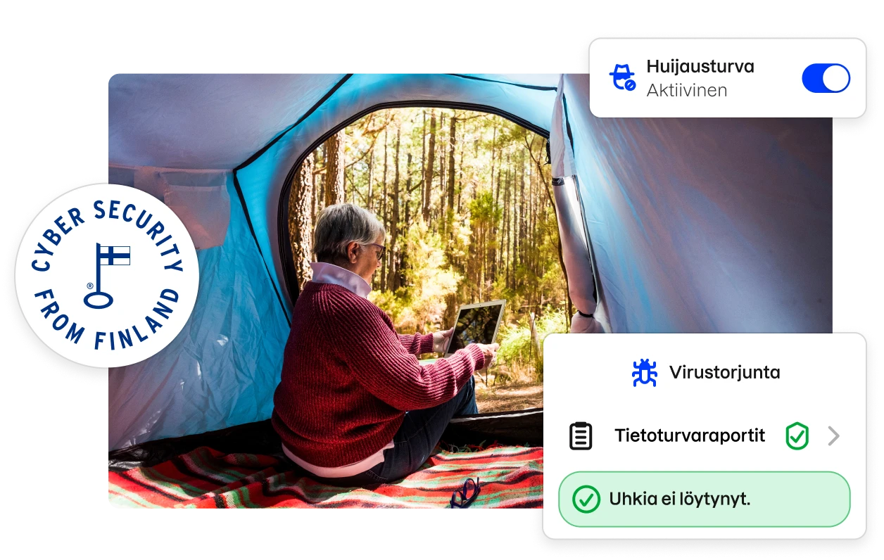 ”Cyber security from Finland” -merkki ja osia Total-sovelluksen käyttöliittymästä reunustamassa kuvaa naisesta, joka katselee teltassa tablettia.