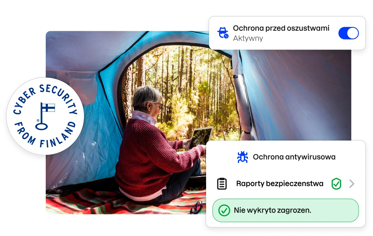 Odznaka „Cyberbezpieczeństwo z Finlandii” i fragmenty interfejsu użytkownika aplikacji Total otaczające zdjęcie kobiety oglądającej tablet w namiocie.