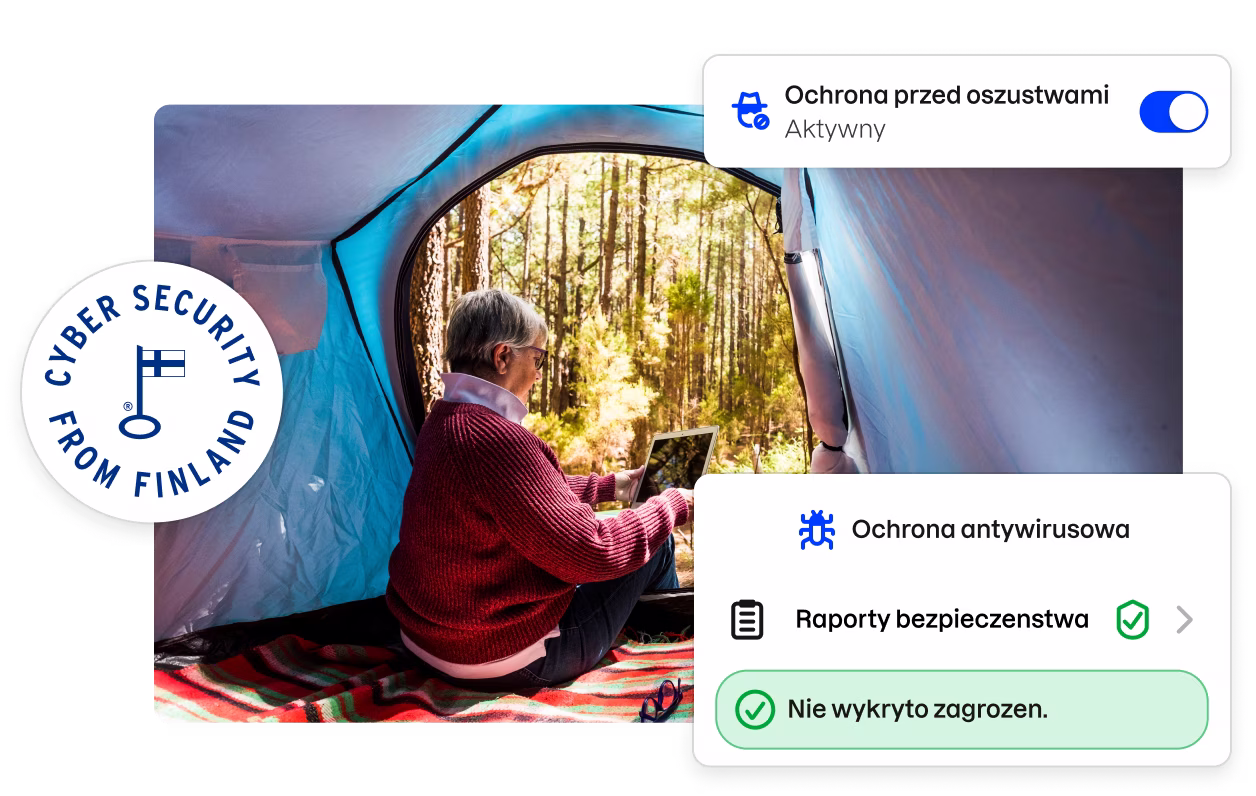 Odznaka „Cyberbezpieczeństwo z Finlandii” i fragmenty interfejsu użytkownika aplikacji Total otaczające zdjęcie kobiety oglądającej tablet w namiocie.
