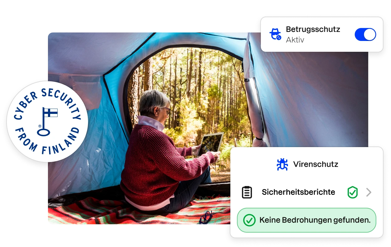 Ein Abzeichen mit der Aufschrift „Cyber security from Finland“ und Fragmente der Benutzeroberfläche der Total-App umrahmen das Bild einer Frau, die in einem Zelt auf ein Tablet schaut.