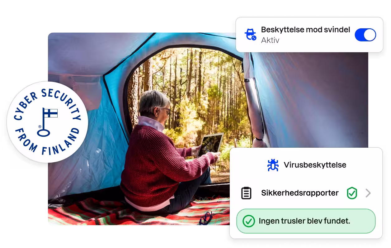 Et »Cybersikkerhed fra Finland«-badge og fragmenter af Total-appens brugergrænseflade omkranser et billede af en kvinde, der ser på en tablet inde i et telt.