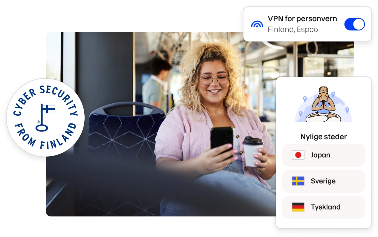 Et «Cybersikkerhet fra Finland»-merke og fragmenter av Total-appens brukergrensesnitt som omgir et bilde av en kvinne som sitter i en buss og ser på telefonen sin.