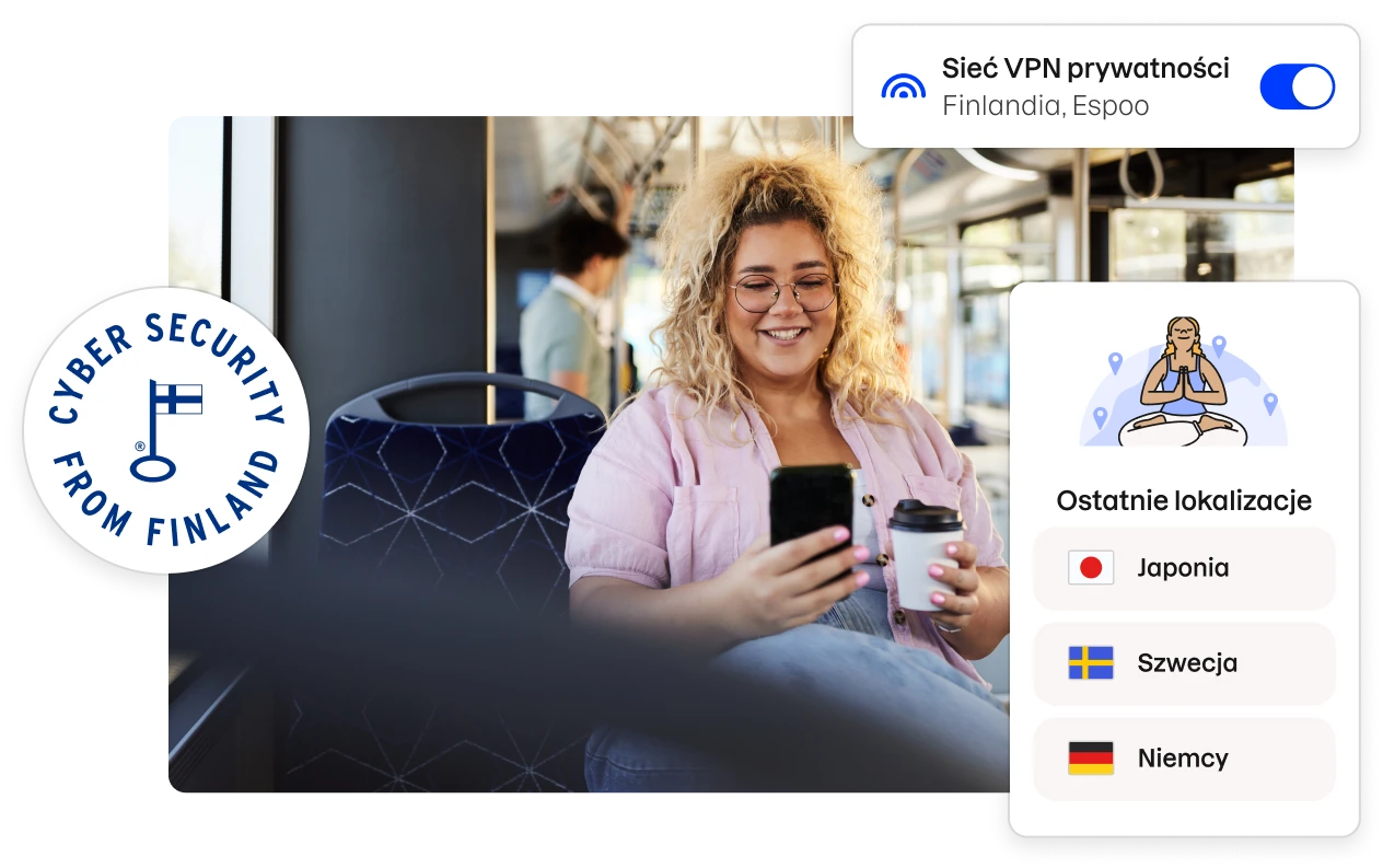 Odznaka „Cyber security from Finland” oraz fragmenty interfejsu użytkownika aplikacji Total otaczające zdjęcie kobiety siedzącej w autobusie i patrzącej na swój telefon.