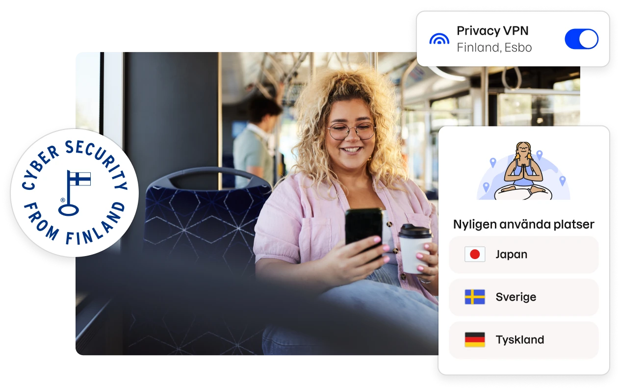 En badge med texten ”Cybersäkerhet från Finland” och fragment av Total-appens användargränssnitt som ramar in en bild av en kvinna som sitter på en buss och tittar på sin telefon.