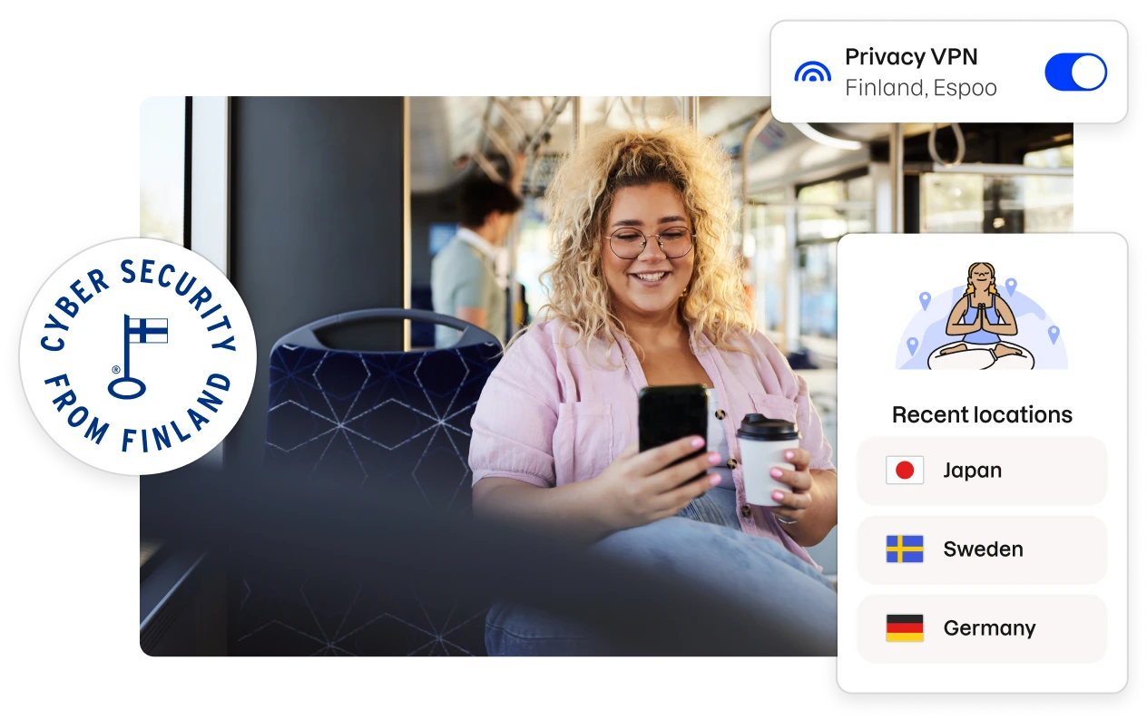 A “Cyber security from Finland” badge and fragments of the Total app UI lining an image of a woman sitting in a bus, watching her phone.