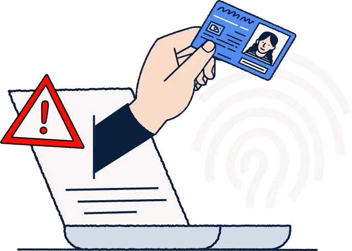 Illustration of a scammer reaching out of a laptop to steal an ID card