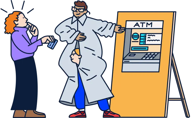 scammers hiding in tall coat at ATM illustration