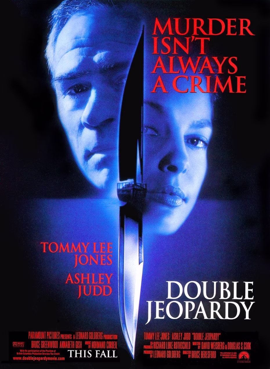 “Double Jeopardy” movie poster with the names and faces of Tommy Lee Jones and Ashley Judd.