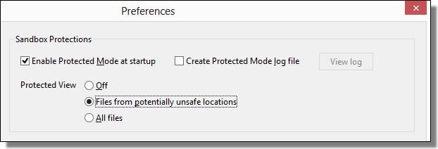 Adobe Reader XI, Preferences, Protected View