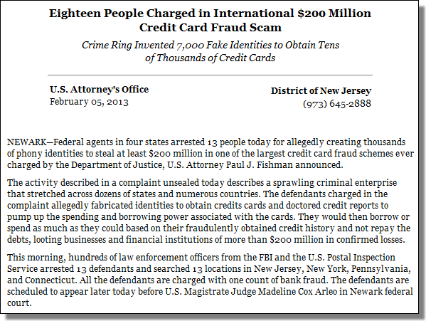 Eighteen People Charged in International $200 Million Credit Card Fraud Scam