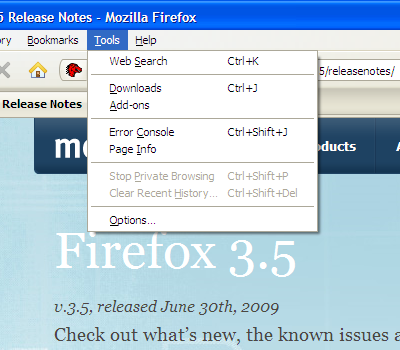 Firefox 3.5 Tools Menu