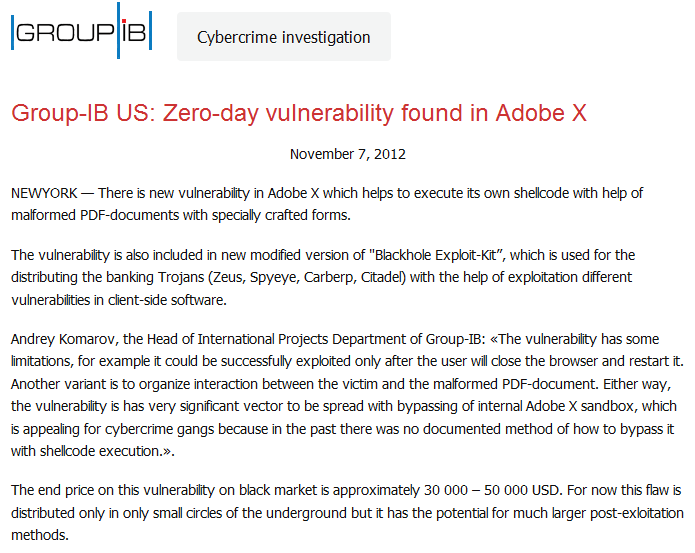 Group-IB US: Zero-day vulnerability found in Adobe X