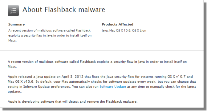 About Flashback malware, support.apple.com/kb/HT5244