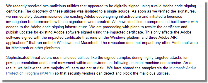 Inappropriate Use of Adobe Code Signing Certificate
