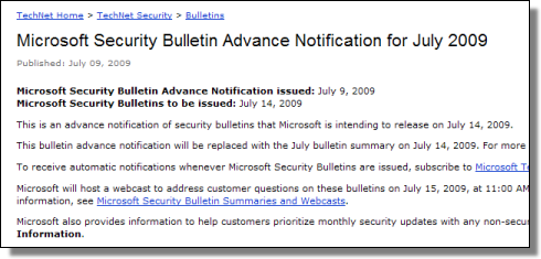 Microsoft Security Bulletin, July 2009