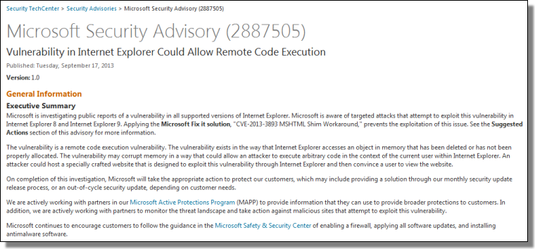 Microsoft Security Advisory for CVE-2013-3893