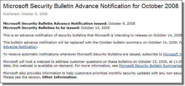Microsoft's Updates for October 2008