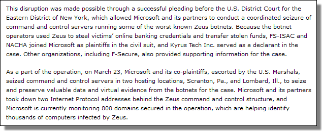 Microsoft Joins Financial Services Industry to Disrupt Massive Zeus Cybercrime Operation That Fuels Worldwide Fraud and Identity Theft, F-Secure